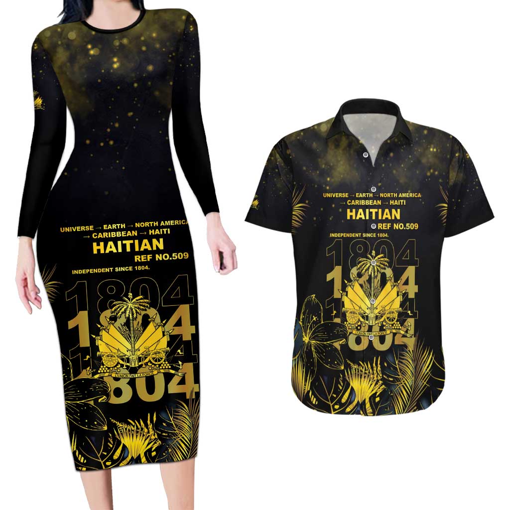 Haiti 1804 Couples Matching Long Sleeve Bodycon Dress and Hawaiian Shirt Gold Tropical Leaves And Coat Of Arms - Wonder Print Shop