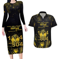 Haiti 1804 Couples Matching Long Sleeve Bodycon Dress and Hawaiian Shirt Gold Tropical Leaves And Coat Of Arms - Wonder Print Shop