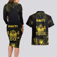 Haiti 1804 Couples Matching Long Sleeve Bodycon Dress and Hawaiian Shirt Gold Tropical Leaves And Coat Of Arms - Wonder Print Shop