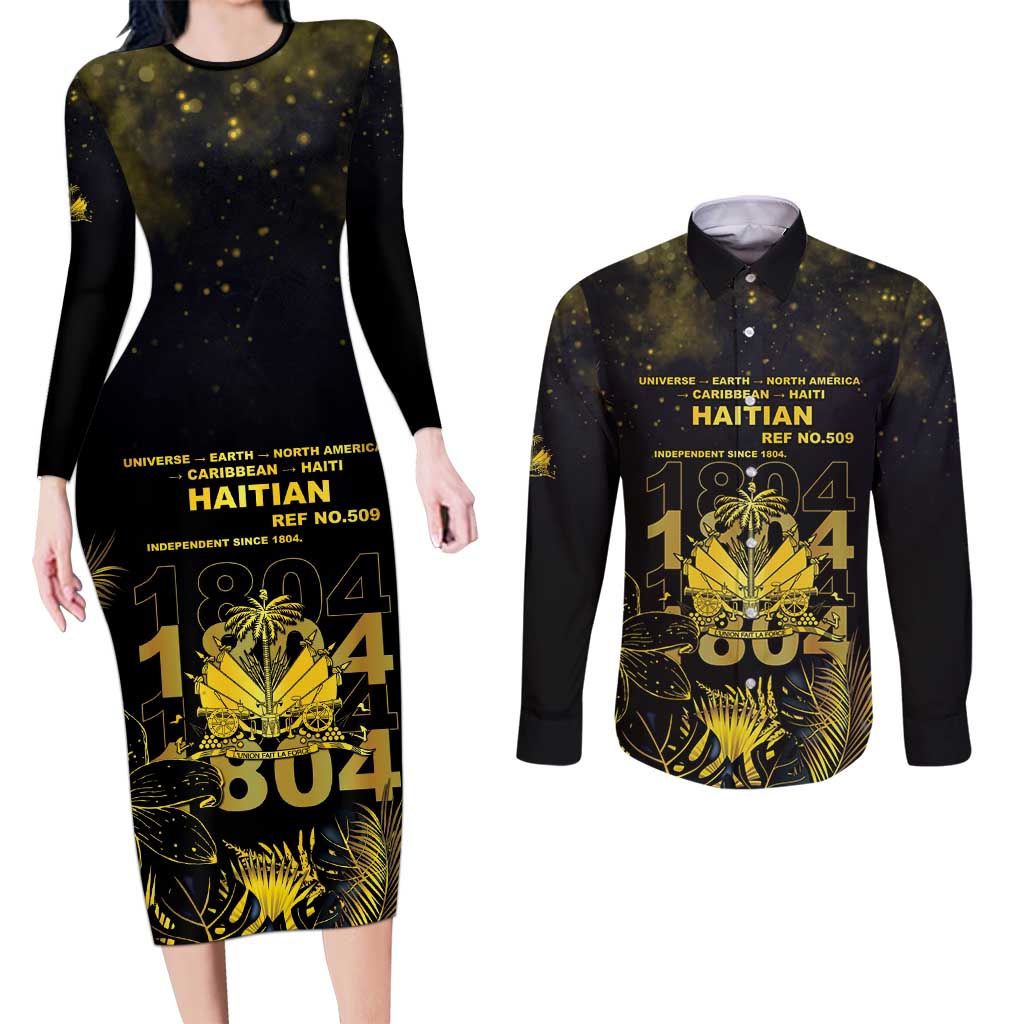 Haiti 1804 Couples Matching Long Sleeve Bodycon Dress and Long Sleeve Button Shirt Gold Tropical Leaves And Coat Of Arms - Wonder Print Shop