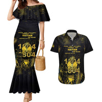 Haiti 1804 Couples Matching Mermaid Dress and Hawaiian Shirt Gold Tropical Leaves And Coat Of Arms - Wonder Print Shop