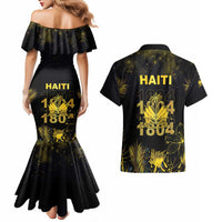 Haiti 1804 Couples Matching Mermaid Dress and Hawaiian Shirt Gold Tropical Leaves And Coat Of Arms - Wonder Print Shop