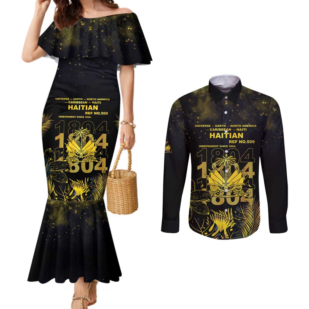 Haiti 1804 Couples Matching Mermaid Dress and Long Sleeve Button Shirt Gold Tropical Leaves And Coat Of Arms - Wonder Print Shop