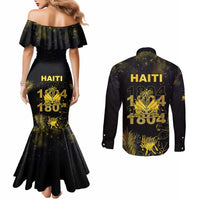 Haiti 1804 Couples Matching Mermaid Dress and Long Sleeve Button Shirt Gold Tropical Leaves And Coat Of Arms - Wonder Print Shop