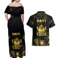 Haiti 1804 Couples Matching Off Shoulder Maxi Dress and Hawaiian Shirt Gold Tropical Leaves And Coat Of Arms - Wonder Print Shop