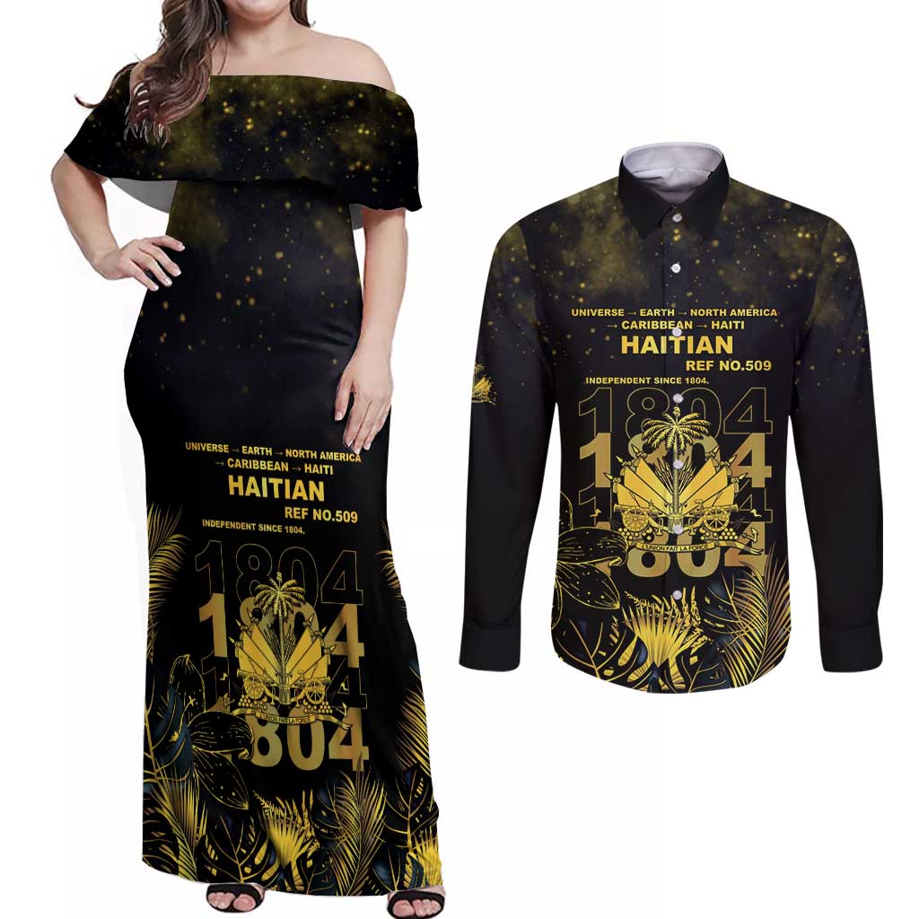 Haiti 1804 Couples Matching Off Shoulder Maxi Dress and Long Sleeve Button Shirt Gold Tropical Leaves And Coat Of Arms - Wonder Print Shop