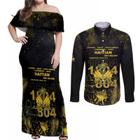 Haiti 1804 Couples Matching Off Shoulder Maxi Dress and Long Sleeve Button Shirt Gold Tropical Leaves And Coat Of Arms - Wonder Print Shop