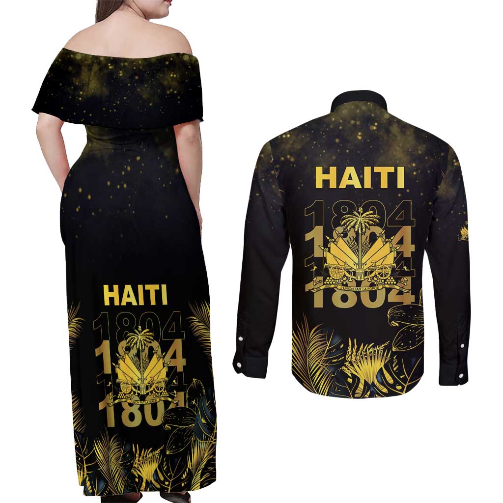 Haiti 1804 Couples Matching Off Shoulder Maxi Dress and Long Sleeve Button Shirt Gold Tropical Leaves And Coat Of Arms - Wonder Print Shop