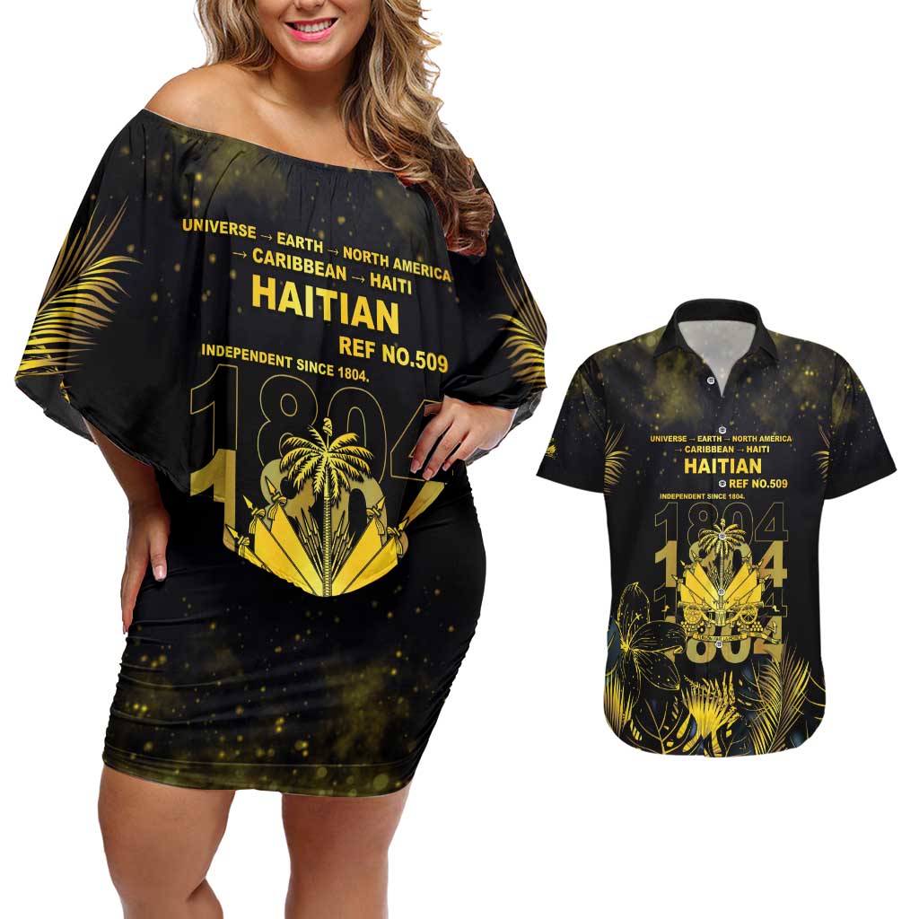 Haiti 1804 Couples Matching Off Shoulder Short Dress and Hawaiian Shirt Gold Tropical Leaves And Coat Of Arms - Wonder Print Shop