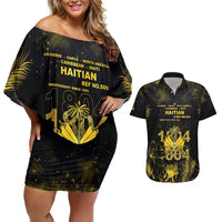 Haiti 1804 Couples Matching Off Shoulder Short Dress and Hawaiian Shirt Gold Tropical Leaves And Coat Of Arms - Wonder Print Shop