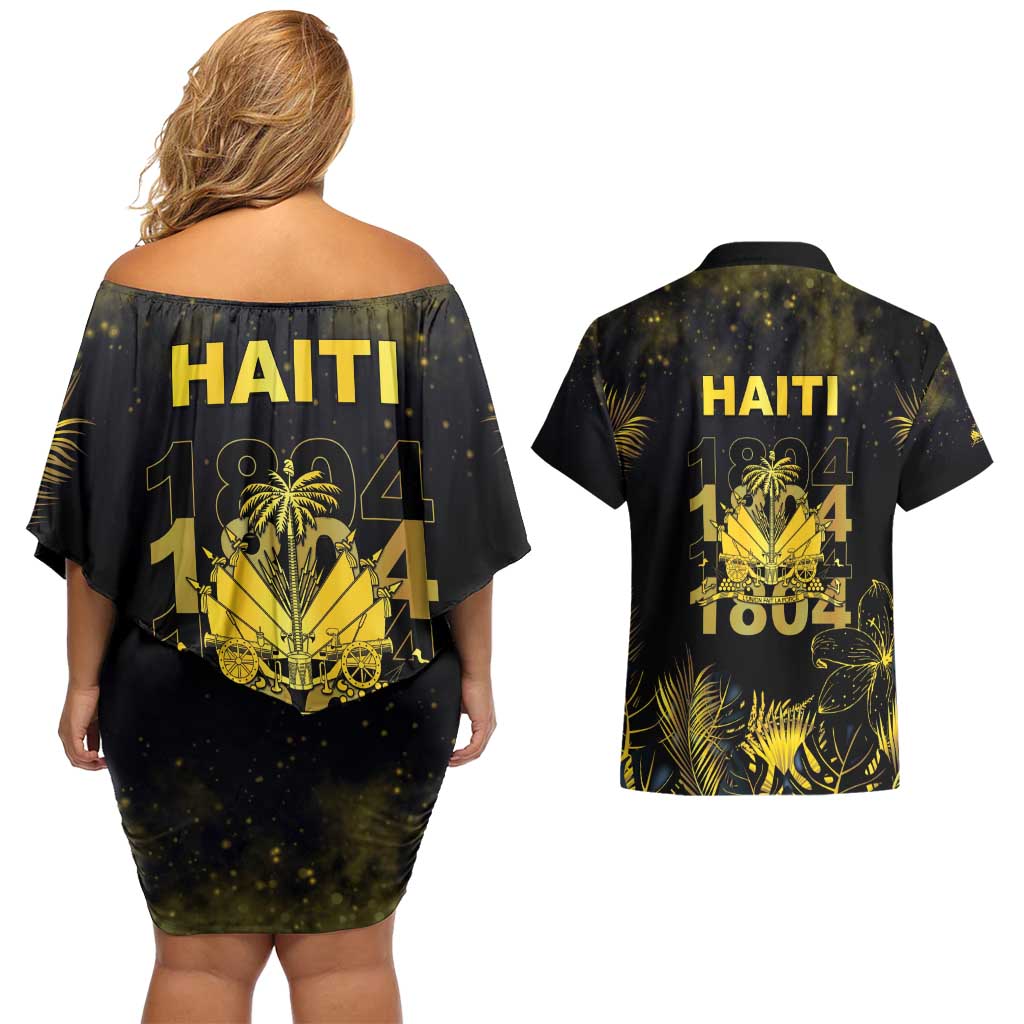 Haiti 1804 Couples Matching Off Shoulder Short Dress and Hawaiian Shirt Gold Tropical Leaves And Coat Of Arms - Wonder Print Shop