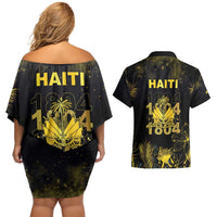 Haiti 1804 Couples Matching Off Shoulder Short Dress and Hawaiian Shirt Gold Tropical Leaves And Coat Of Arms - Wonder Print Shop
