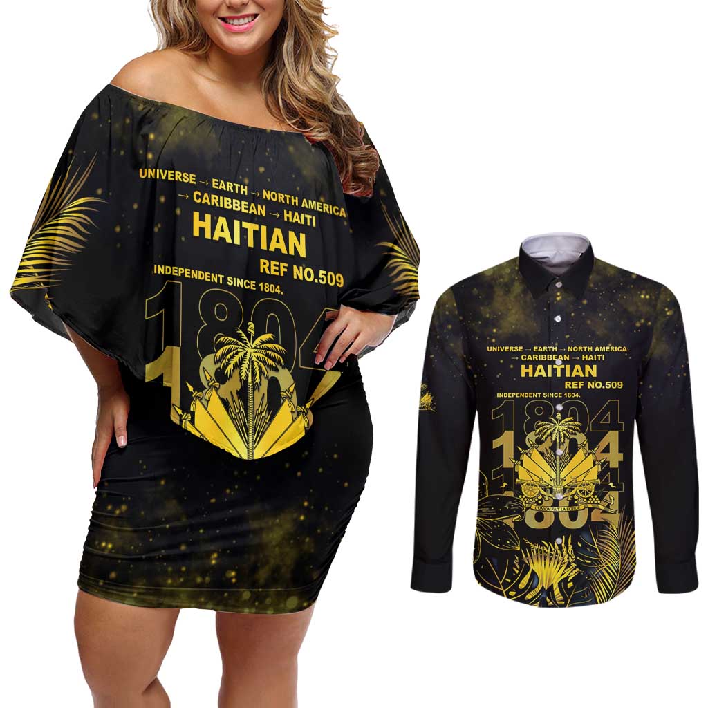 Haiti 1804 Couples Matching Off Shoulder Short Dress and Long Sleeve Button Shirt Gold Tropical Leaves And Coat Of Arms - Wonder Print Shop