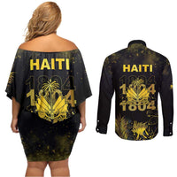 Haiti 1804 Couples Matching Off Shoulder Short Dress and Long Sleeve Button Shirt Gold Tropical Leaves And Coat Of Arms - Wonder Print Shop