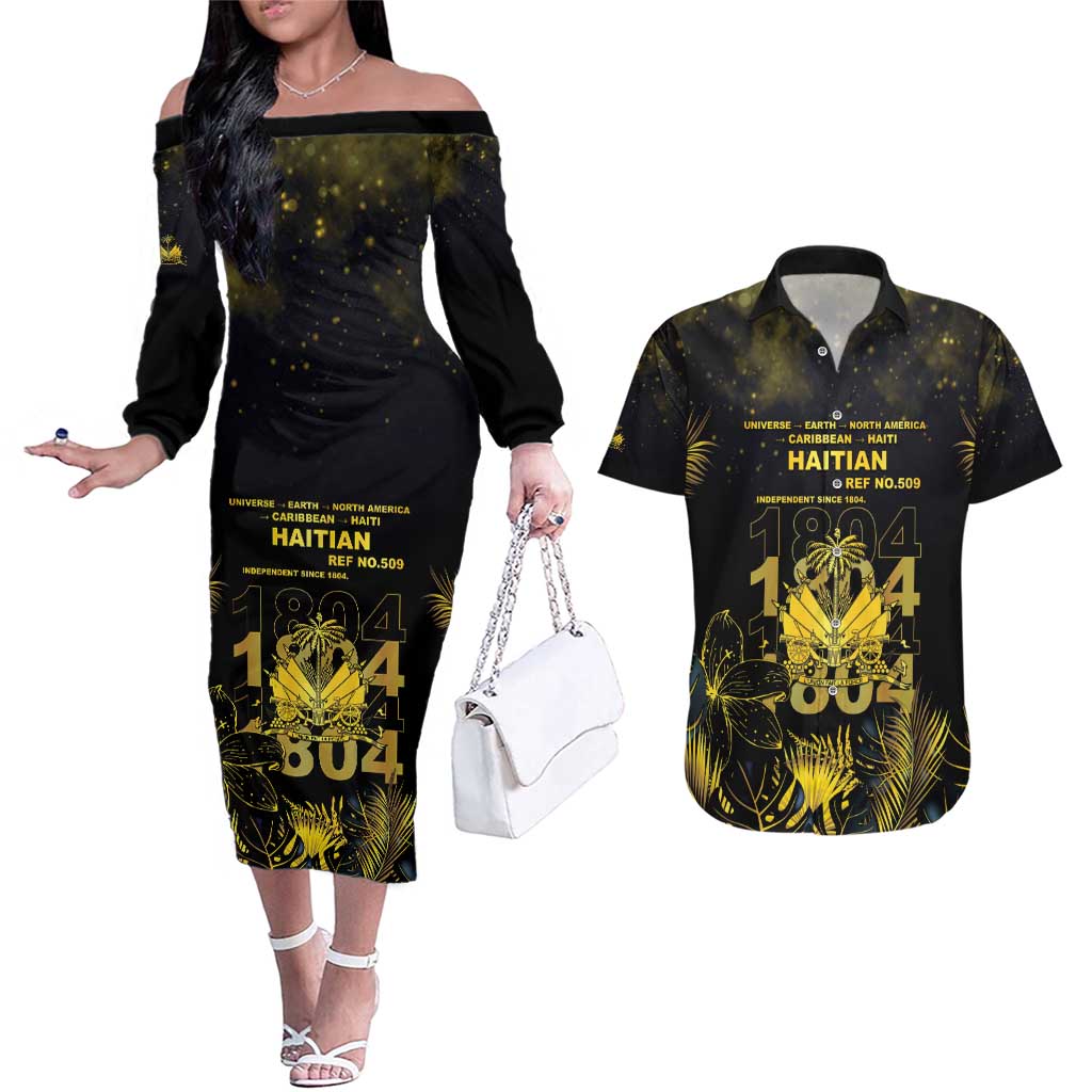 Haiti 1804 Couples Matching Off The Shoulder Long Sleeve Dress and Hawaiian Shirt Gold Tropical Leaves And Coat Of Arms - Wonder Print Shop
