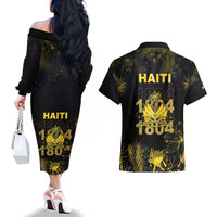 Haiti 1804 Couples Matching Off The Shoulder Long Sleeve Dress and Hawaiian Shirt Gold Tropical Leaves And Coat Of Arms - Wonder Print Shop