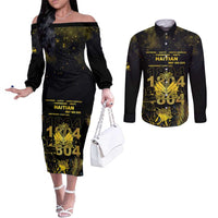 Haiti 1804 Couples Matching Off The Shoulder Long Sleeve Dress and Long Sleeve Button Shirt Gold Tropical Leaves And Coat Of Arms - Wonder Print Shop