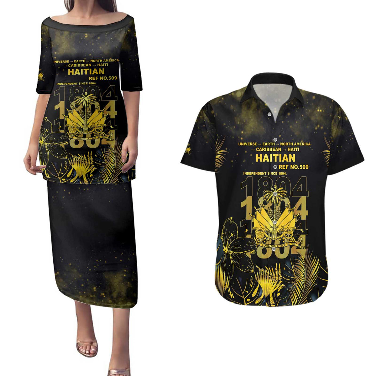 Haiti 1804 Couples Matching Puletasi and Hawaiian Shirt Gold Tropical Leaves And Coat Of Arms - Wonder Print Shop