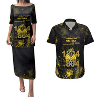 Haiti 1804 Couples Matching Puletasi and Hawaiian Shirt Gold Tropical Leaves And Coat Of Arms - Wonder Print Shop