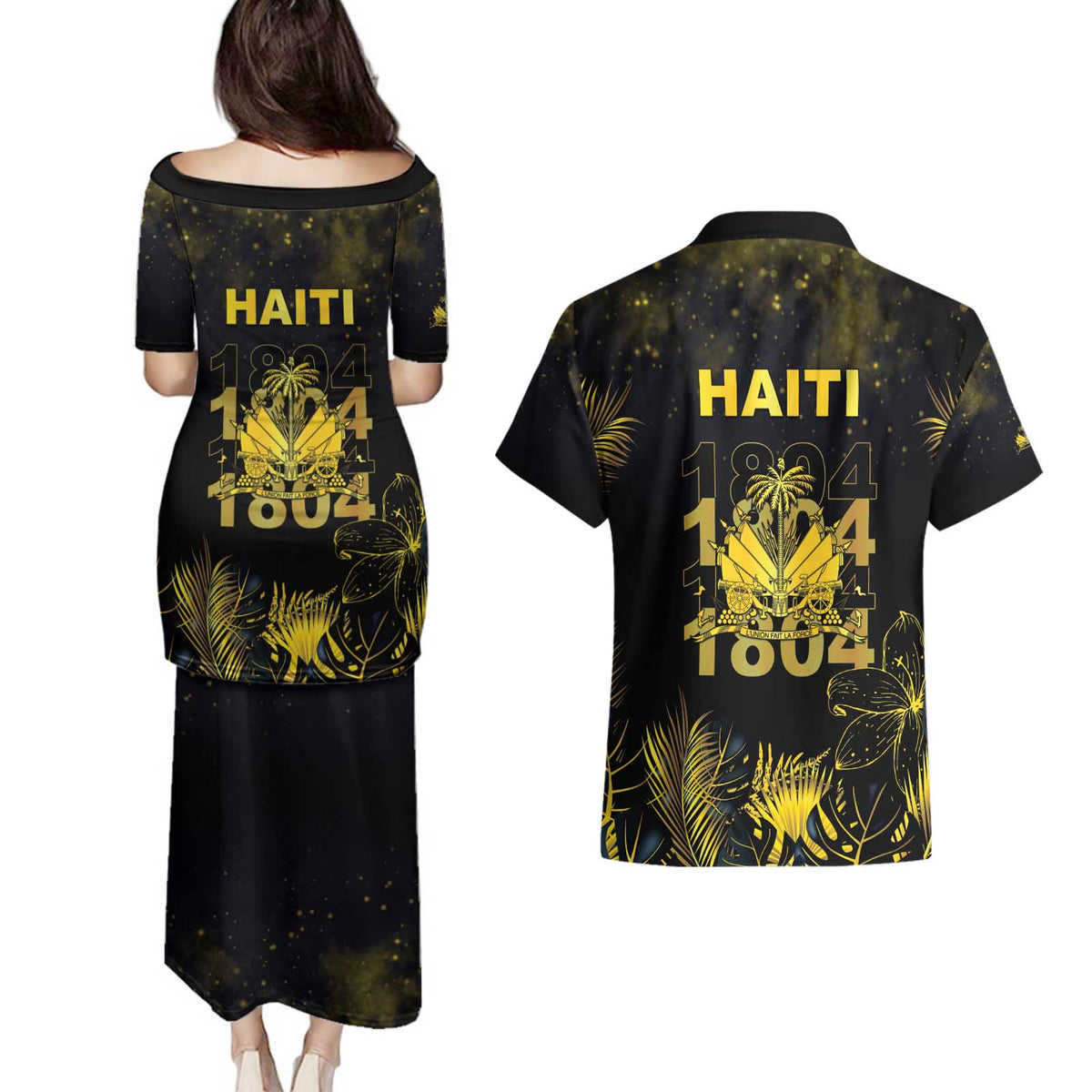Haiti 1804 Couples Matching Puletasi and Hawaiian Shirt Gold Tropical Leaves And Coat Of Arms - Wonder Print Shop