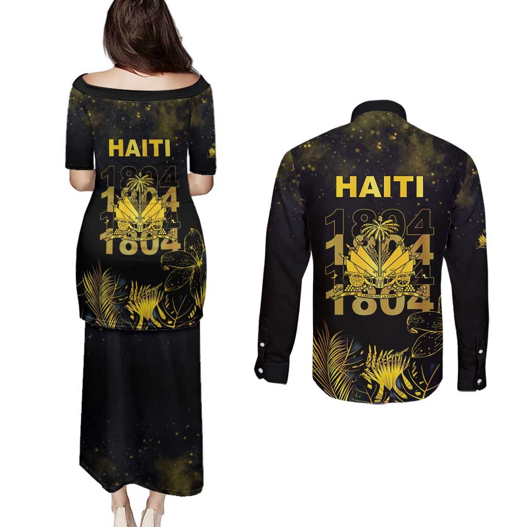 Haiti 1804 Couples Matching Puletasi and Long Sleeve Button Shirt Gold Tropical Leaves And Coat Of Arms - Wonder Print Shop