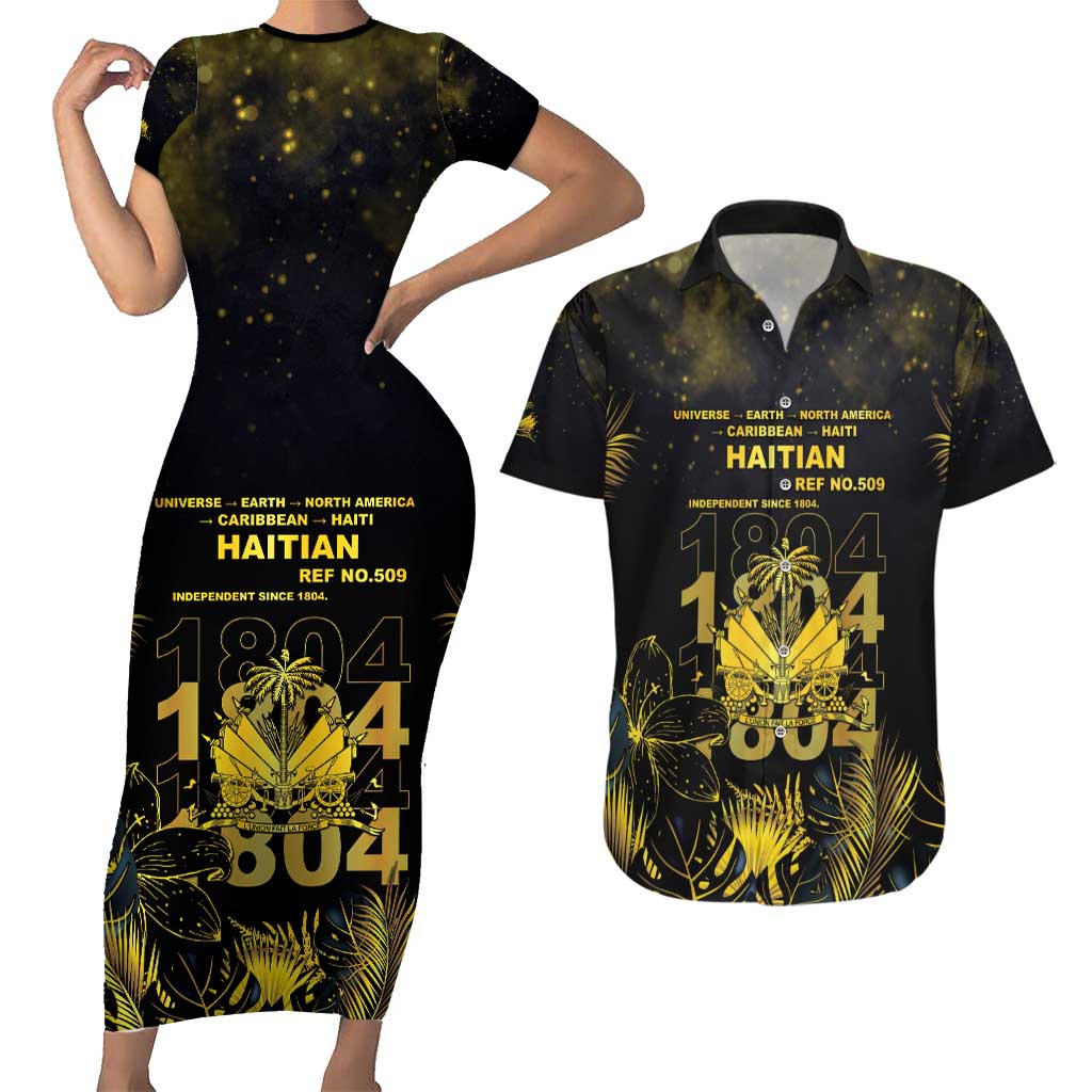 Haiti 1804 Couples Matching Short Sleeve Bodycon Dress and Hawaiian Shirt Gold Tropical Leaves And Coat Of Arms - Wonder Print Shop