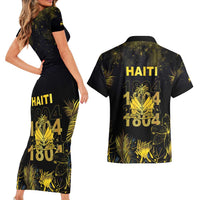 Haiti 1804 Couples Matching Short Sleeve Bodycon Dress and Hawaiian Shirt Gold Tropical Leaves And Coat Of Arms - Wonder Print Shop