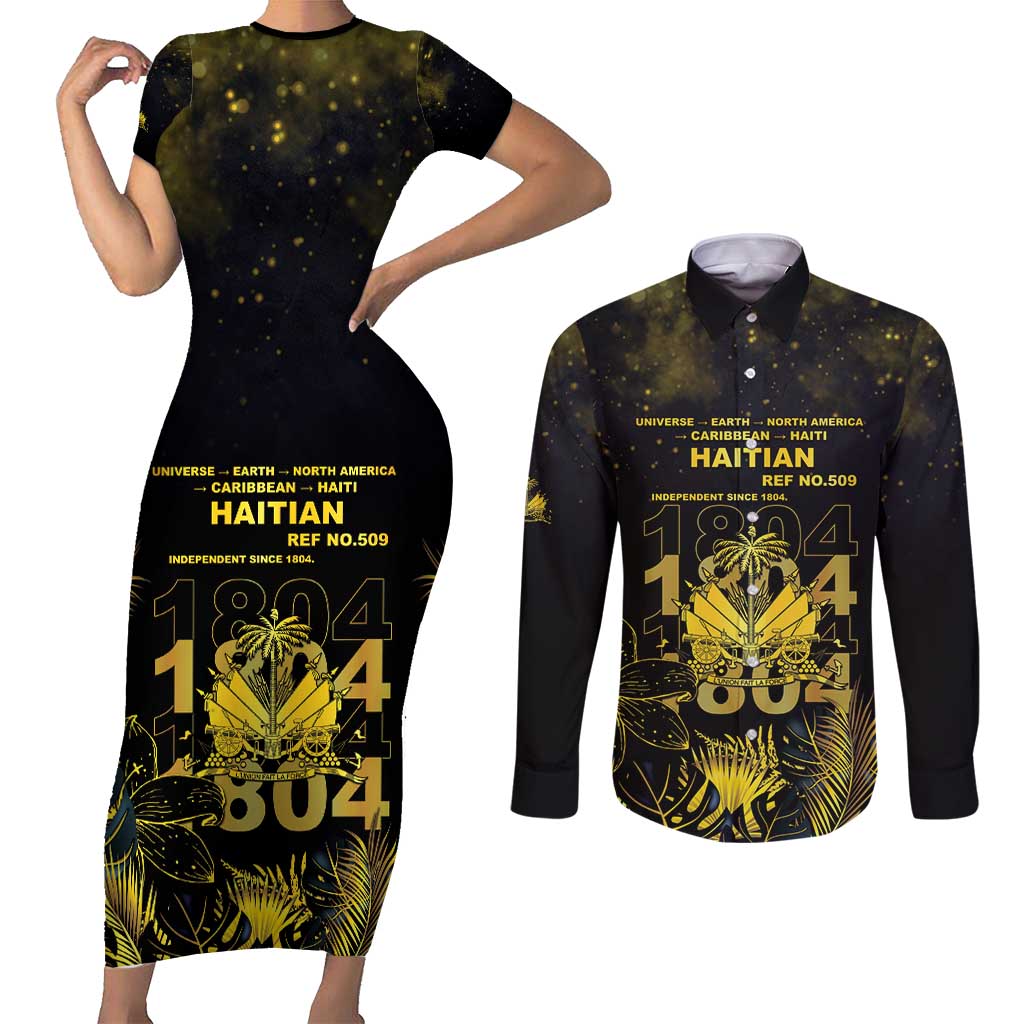 Haiti 1804 Couples Matching Short Sleeve Bodycon Dress and Long Sleeve Button Shirt Gold Tropical Leaves And Coat Of Arms - Wonder Print Shop