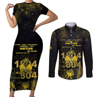 Haiti 1804 Couples Matching Short Sleeve Bodycon Dress and Long Sleeve Button Shirt Gold Tropical Leaves And Coat Of Arms - Wonder Print Shop