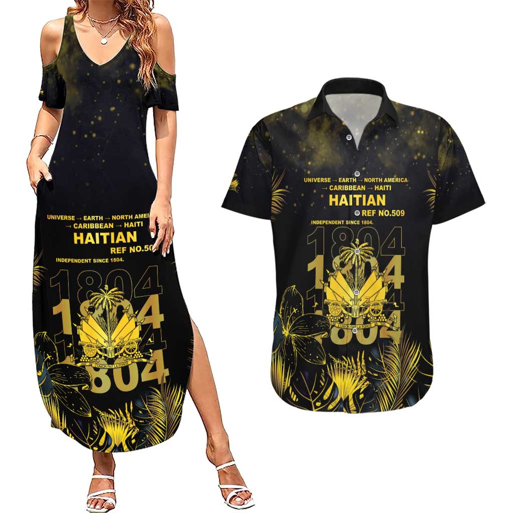 Haiti 1804 Couples Matching Summer Maxi Dress and Hawaiian Shirt Gold Tropical Leaves And Coat Of Arms - Wonder Print Shop