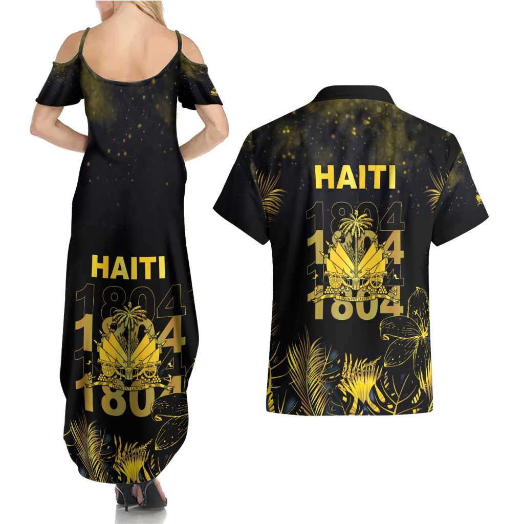 Haiti 1804 Couples Matching Summer Maxi Dress and Hawaiian Shirt Gold Tropical Leaves And Coat Of Arms - Wonder Print Shop
