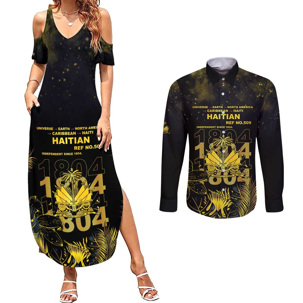 Haiti 1804 Couples Matching Summer Maxi Dress and Long Sleeve Button Shirt Gold Tropical Leaves And Coat Of Arms - Wonder Print Shop