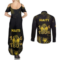 Haiti 1804 Couples Matching Summer Maxi Dress and Long Sleeve Button Shirt Gold Tropical Leaves And Coat Of Arms - Wonder Print Shop