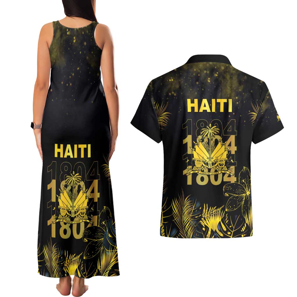 Haiti 1804 Couples Matching Tank Maxi Dress and Hawaiian Shirt Gold Tropical Leaves And Coat Of Arms - Wonder Print Shop