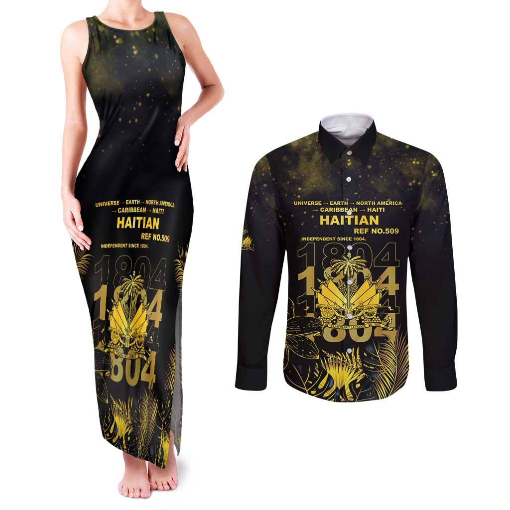 Haiti 1804 Couples Matching Tank Maxi Dress and Long Sleeve Button Shirt Gold Tropical Leaves And Coat Of Arms - Wonder Print Shop