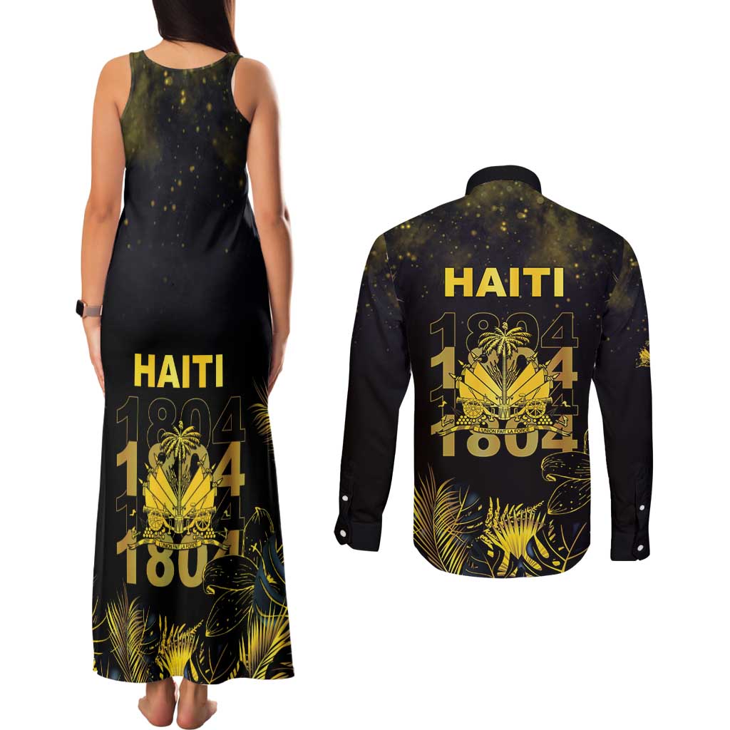 Haiti 1804 Couples Matching Tank Maxi Dress and Long Sleeve Button Shirt Gold Tropical Leaves And Coat Of Arms - Wonder Print Shop