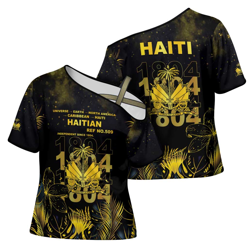 Haiti 1804 Cross Shoulder Shirt Gold Tropical Leaves And Coat Of Arms - Wonder Print Shop
