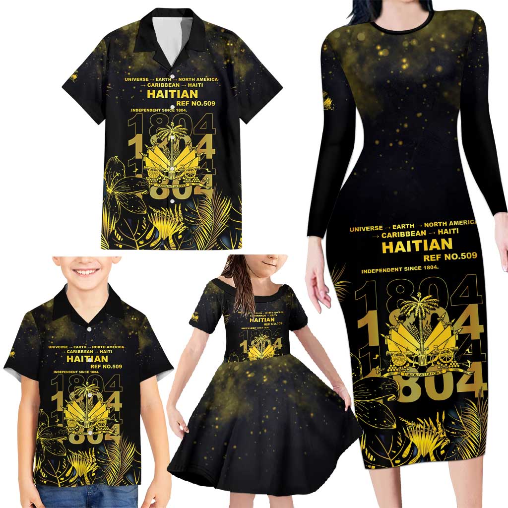 Haiti 1804 Family Matching Long Sleeve Bodycon Dress and Hawaiian Shirt Gold Tropical Leaves And Coat Of Arms - Wonder Print Shop