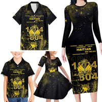 Haiti 1804 Family Matching Long Sleeve Bodycon Dress and Hawaiian Shirt Gold Tropical Leaves And Coat Of Arms - Wonder Print Shop