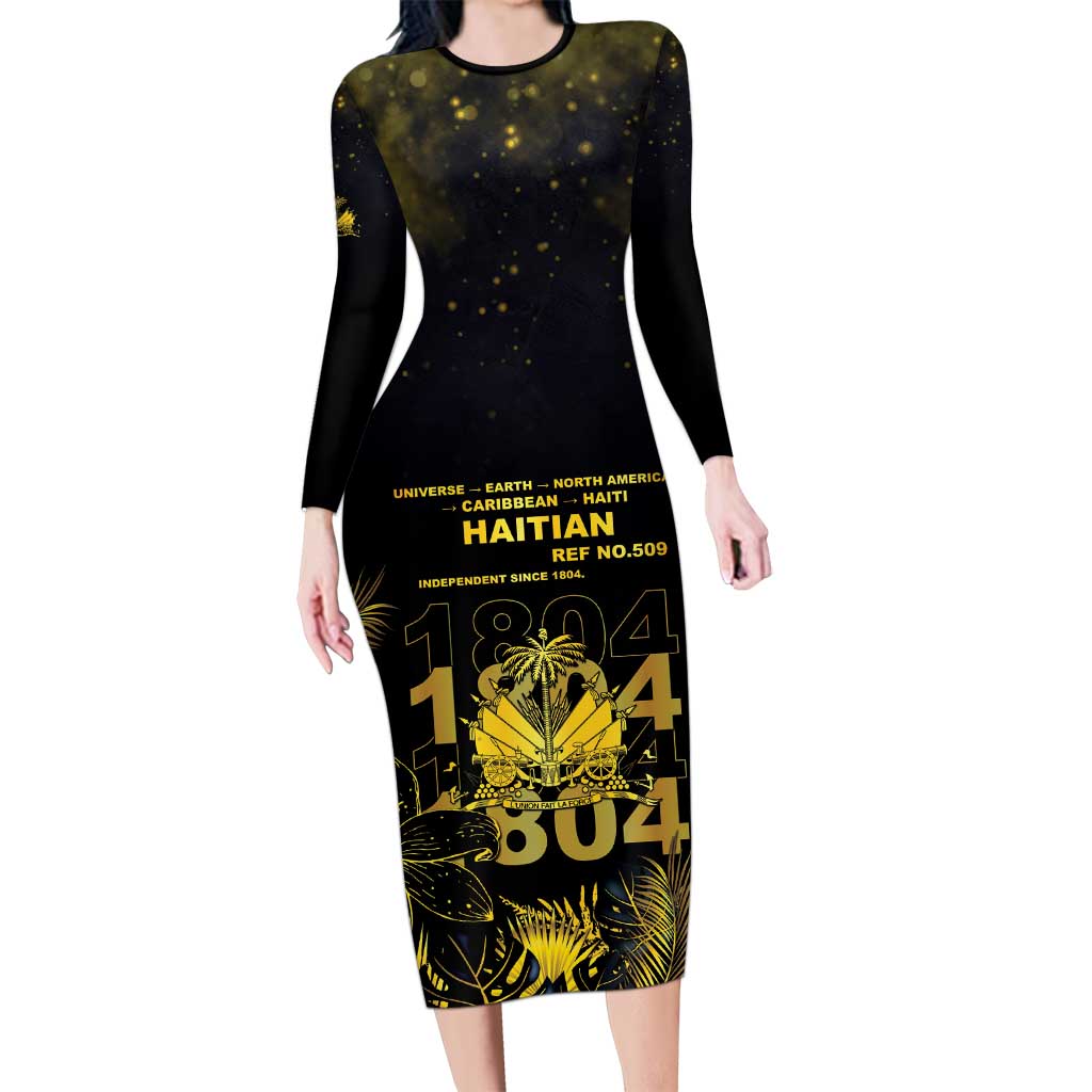 Haiti 1804 Family Matching Long Sleeve Bodycon Dress and Hawaiian Shirt Gold Tropical Leaves And Coat Of Arms - Wonder Print Shop