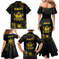 Haiti 1804 Family Matching Mermaid Dress and Hawaiian Shirt Gold Tropical Leaves And Coat Of Arms - Wonder Print Shop