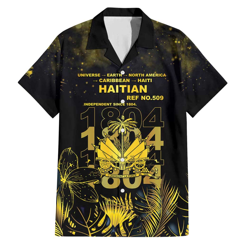 Haiti 1804 Family Matching Mermaid Dress and Hawaiian Shirt Gold Tropical Leaves And Coat Of Arms - Wonder Print Shop