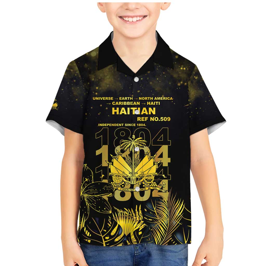 Haiti 1804 Family Matching Mermaid Dress and Hawaiian Shirt Gold Tropical Leaves And Coat Of Arms - Wonder Print Shop