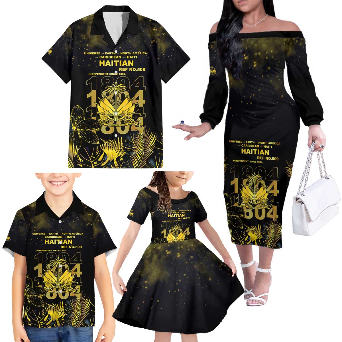 Haiti 1804 Family Matching Off The Shoulder Long Sleeve Dress and Hawaiian Shirt Gold Tropical Leaves And Coat Of Arms - Wonder Print Shop
