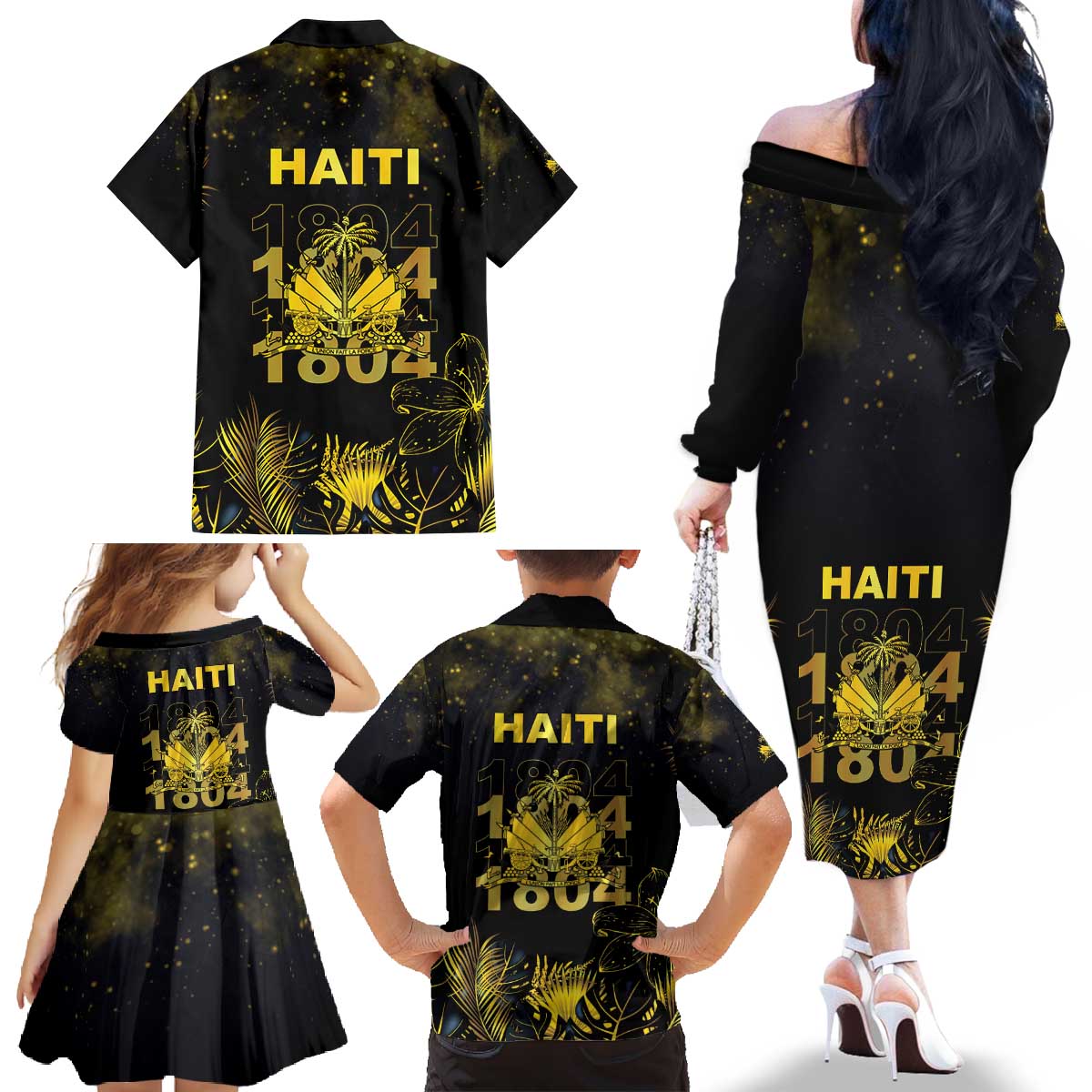 Haiti 1804 Family Matching Off The Shoulder Long Sleeve Dress and Hawaiian Shirt Gold Tropical Leaves And Coat Of Arms - Wonder Print Shop