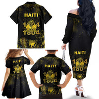 Haiti 1804 Family Matching Off The Shoulder Long Sleeve Dress and Hawaiian Shirt Gold Tropical Leaves And Coat Of Arms - Wonder Print Shop