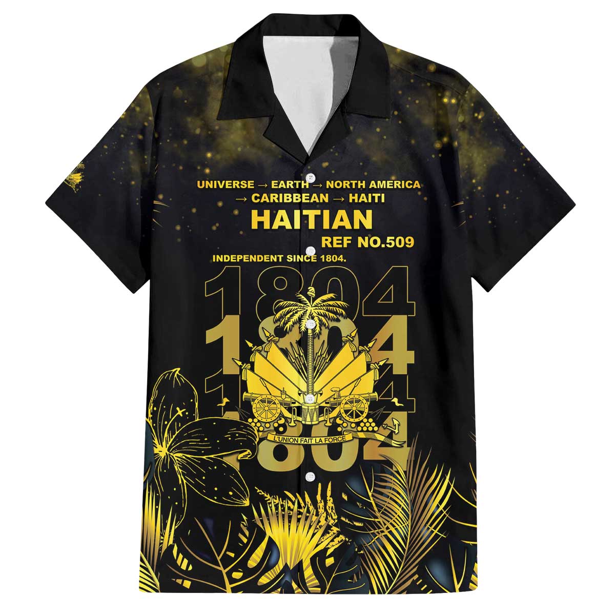 Haiti 1804 Family Matching Off The Shoulder Long Sleeve Dress and Hawaiian Shirt Gold Tropical Leaves And Coat Of Arms - Wonder Print Shop