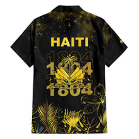 Haiti 1804 Family Matching Off The Shoulder Long Sleeve Dress and Hawaiian Shirt Gold Tropical Leaves And Coat Of Arms - Wonder Print Shop