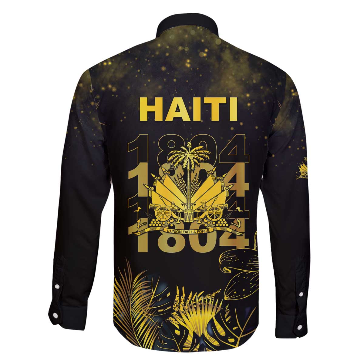 Haiti 1804 Family Matching Off The Shoulder Long Sleeve Dress and Hawaiian Shirt Gold Tropical Leaves And Coat Of Arms - Wonder Print Shop