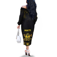 Haiti 1804 Family Matching Off The Shoulder Long Sleeve Dress and Hawaiian Shirt Gold Tropical Leaves And Coat Of Arms - Wonder Print Shop